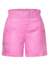 Höga rosa linnebyxor med elastisk midja och synlig söm på vit bakgrund.