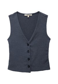 Mørkegrå ærmeløs top med struktureret stof, V-udskæring og fem sorte knapper ned foran. Flad design uden pynt.
