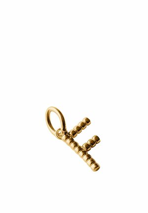 Colgante de oro con forma de letra mayúscula "F" adornada con cuentas y un lazo oval para sujetar a un collar o pulsera.