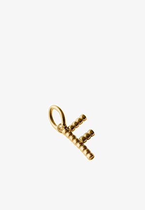 Colgante de oro con forma de letra mayúscula "F" adornada con cuentas y un lazo oval para sujetar a un collar o pulsera.