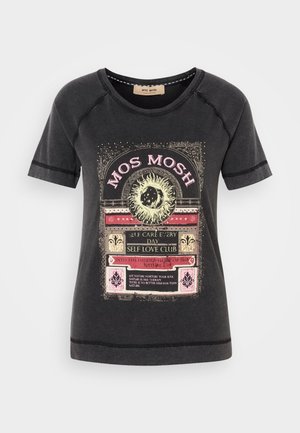 Black cotton t-shirt featuring a colorful graphic print with decorative text and nature-themed accents. Round neckline and short sleeves.