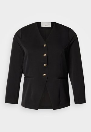 Zwarte blazer met een V-hals, enkellangs ontwerp, vijf gouden knopen en zijzakken. Gemaakt van gladde stof met een lichte textuur.