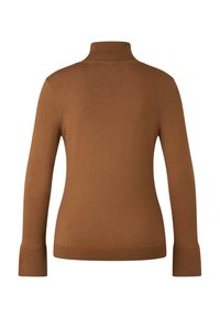 Brązowy sweter z długim rękawem i golfem, z prążkowanymi mankietami, dołem i dekoltem, pokazany od tyłu na białym tle.