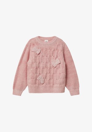 Rosa gestrickter Pullover mit strukturiertem Bommelmuster, rundem Ausschnitt und drei weichen Stoffschleifen auf der Vorderseite. Lange Ärmel.