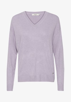 Light lavender v-neck sweater with long sleeves, made of soft knit material. Features ribbed cuffs and hem, with a small logo accent on the side.