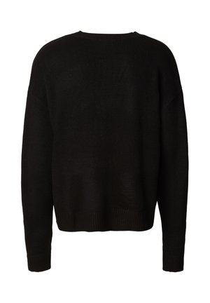 Juodas megztinis su laisvu siluetu, apvalia kaklo iškirpte ir pintu apvadu. Medžiaga atrodo minkšta ir tekstūruota, su ilgomis rankovėmis.