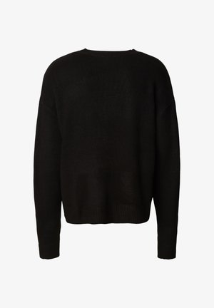 Fekete kötött pulóver laza szabással, kerek nyakkivágással és bordás szegéllyel. Az anyag lágy és texturált, hosszú ujjakkal.