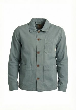 Giacca da uomo verde tenue con bottoni, colletto, taschino sul petto, due tasche anteriori inferiori e maniche lunghe.