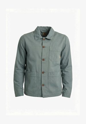 Giacca da uomo verde tenue con bottoni, colletto, taschino sul petto, due tasche anteriori inferiori e maniche lunghe.