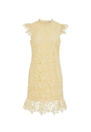 Mouwloze crèmekleurige kanten jurk met bloemmotieven, gerimpelde zoom en kleine ruches bij de schouderuitsparingen.