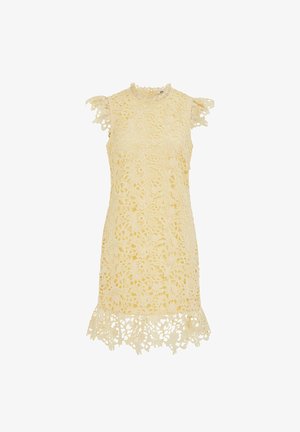 Krēmkrāsas mežģīņu kleita bez piedurknēm ar ziedu rakstiem, volānu apakšu un mazu volānu detaļu uz plecu izgriezumiem.