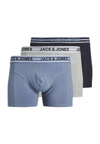 Drie paar boxershorts in blauw, grijs en marineblauw. Gemaakt van zachte stof, met een zwarte elastische tailleband met de print "JACK & JONES".