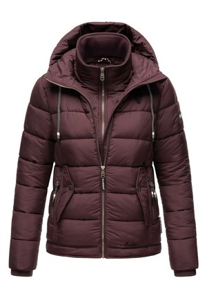 Puffer jacket in dark purple, featuring a zip-up front, adjustable hood, two side pockets, and ribbed cuffs. Smooth, quilted texture.