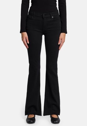 Black flared jeans with a classic five-pocket design, made from denim. Features a button fastening and a clean, smooth texture.