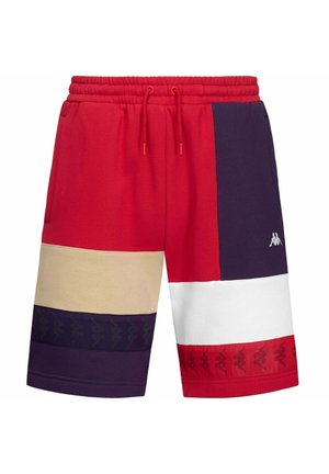 Pantaloni corti rossi e blu navy con design a blocchi di colore. Realizzati in tessuto morbido, presentano una vita elastica, un cordoncino e dettagli a motivo.