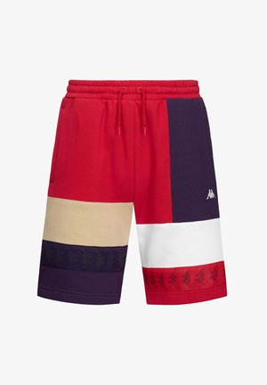 Shorts rouges et marines avec un design à blocs de couleur. Fabriqués en tissu doux, ils disposent d'une taille élastique, d'un cordon de serrage et d'accents à motifs.