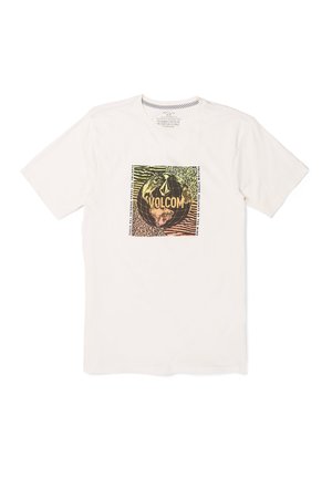 T-shirt bianco in cotone con una grafica quadrata che presenta un globo, il testo "VOLCOM" e colorati motivi astratti intorno. Maniche corte, collo rotondo.