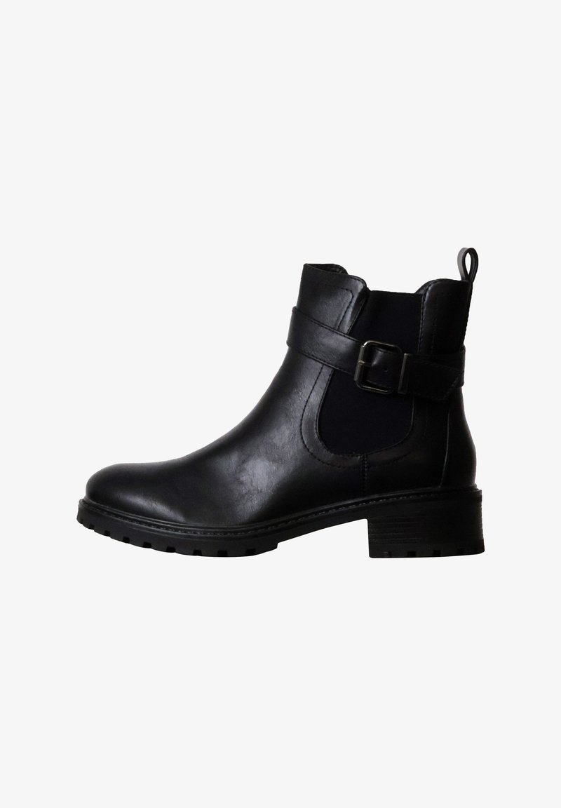 Bottine en cuir noir avec petit talon bloc, bride latérale à boucle, panneau élastique et languette à l'arrière.