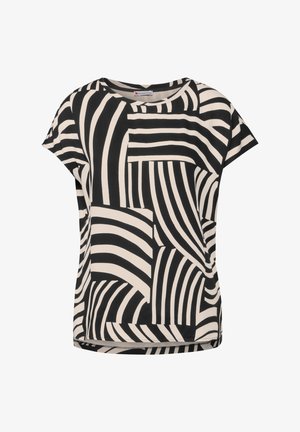 Zwart en crème kortomsluitend shirt met een abstract streepjespatroon, ronde halslijn en een ontspannen pasvorm. Gladde stof met een subtiele glans.