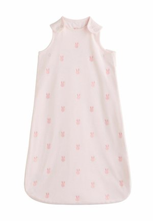 Ärmelloser, hellrosa Babyschlafsack mit Schulter-Druckknöpfen und kleinen rosa Hasenkopfmustern überall.