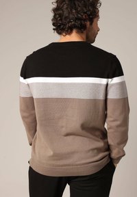 Heren kleurgebloekte trui met zwarte, witte, grijze en tan secties. Gebreide stof, ronde halslijn, en geribbelde zoom en manchetten.