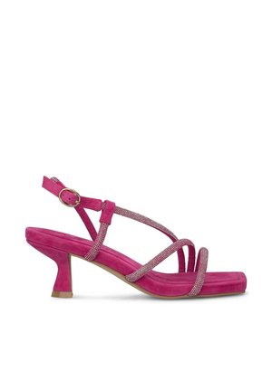 Rosa Wildleder-Blockabsatzsandalen mit funkelnden Riemen, offener Zehe und Blockabsatz. Merkmale sind ein schmaler Knöchelriemen und eine strukturierte Fußbett.