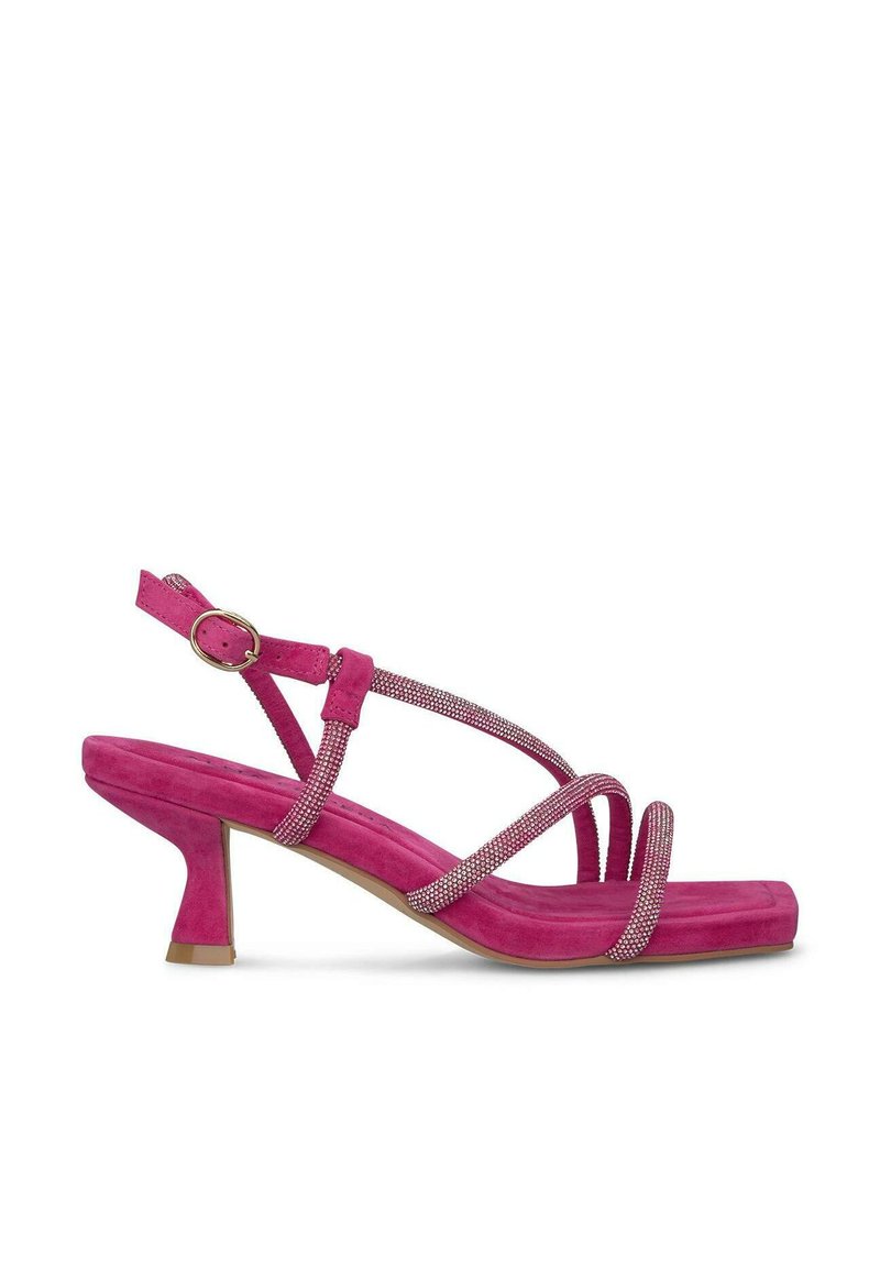 Roze suede hoge hakken sandalen met sprankelende banden, open teen en een blokhak. Voorzien van een smalle enkelband en een getextureerde voetbed.