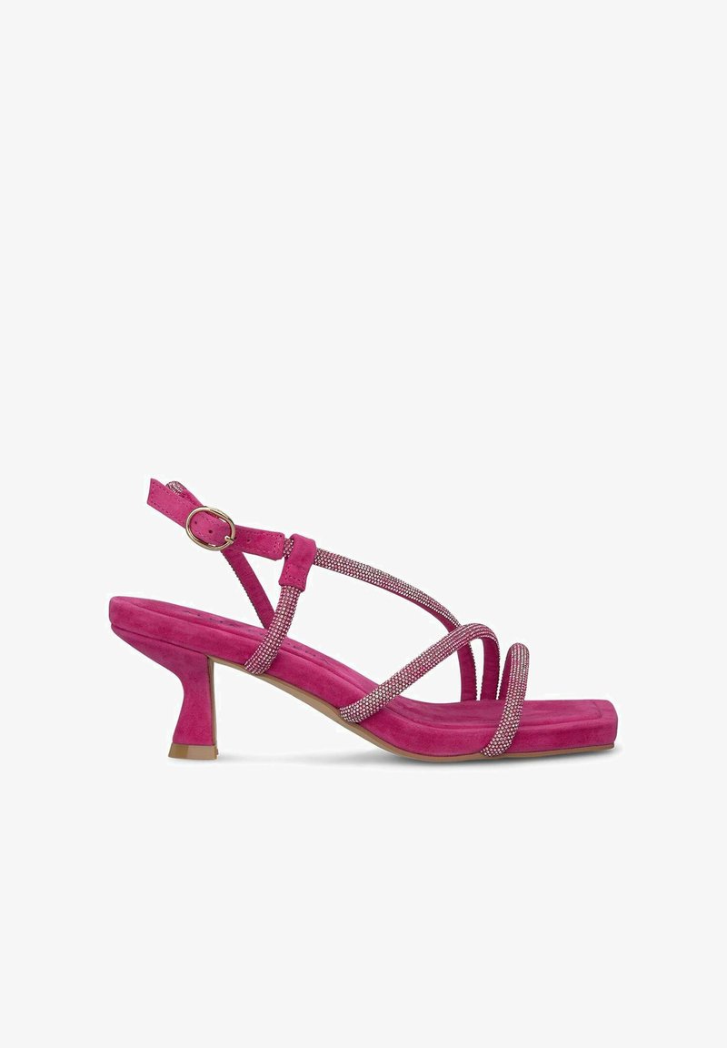 Roze suede hoge hakken sandalen met sprankelende banden, open teen en een blokhak. Voorzien van een smalle enkelband en een getextureerde voetbed.