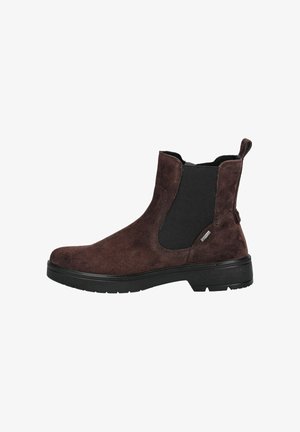 Braune Wildleder-Ankle-Boots mit elastischen Seitenpaneelen, strukturiertem Finish und einer robusten schwarzen Gummisohle. Verfügt über eine Zuglasche für einfaches An- und Ausziehen.