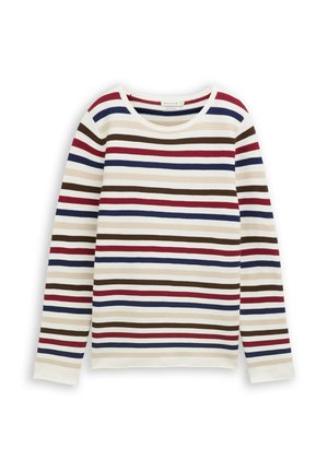 Langsleeve geribbeld top met horizontale strepen in marineblauw, rood, bruin, beige en wit op een witte achtergrond.