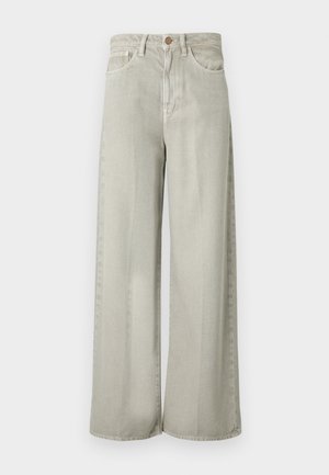 Ανοιχτό γκρι τζιν με φαρδιά μπατζάκια από τζην ύφασμα, με μέση μεσαίου ύψους, μπροστινές τσέπες και διακριτική υφή. Λεπτομέρεια με χάλκινο κουμπί στη μέση.