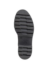 Czarna gumowa podeszwa buta z głębokimi poziomymi rowkami i widoczną przy pięcie liczbą rozmiaru 37.