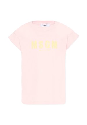 Jasnoróżowa koszulka z krótkim rękawem z żółtym logo "MSGM Milano" nadrukowanym na przodzie oraz białą metką przy dekolcie.