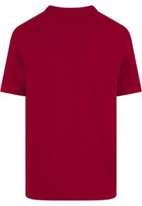 Röd polo med korta ärmar, en klassisk krage och en mjuk textur. Bakvyn framhäver en enkel, odekorerad design.