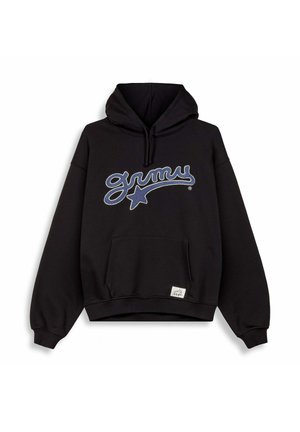 Zwarte hoodie met een groot blauw geborduurd logo "grmy" met een ster. Inclusief een voorzak en ribgebreide manchetten en zoom.