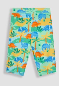Shorts pentru băieți cu un imprimeu vibrant, multicolor cu dinozauri, incluzând nuanțe de albastru, portocaliu și verde, cu modele de palmieri și teren. Material elastic.