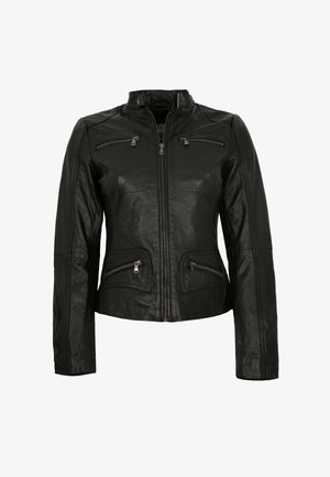 Schwarze Lederjacke mit Stehkragen, Reißverschluss vorne und zwei Brust- sowie zwei seitlichen Reißverschlusstaschen. Glatte Textur und taillierte Passform.