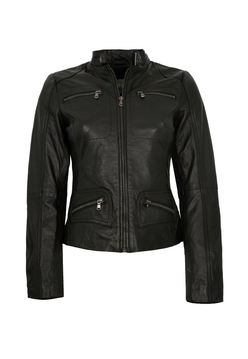 Schwarze Lederjacke mit Stehkragen, Reißverschluss vorne und zwei Brust- sowie zwei seitlichen Reißverschlusstaschen. Glatte Textur und taillierte Passform.