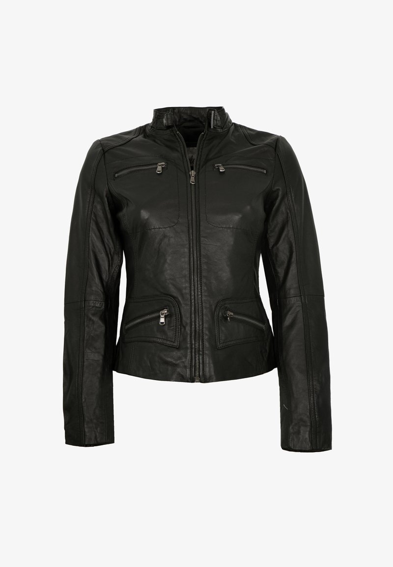 Schwarze Lederjacke mit Stehkragen, Reißverschluss vorne und zwei Brust- sowie zwei seitlichen Reißverschlusstaschen. Glatte Textur und taillierte Passform.