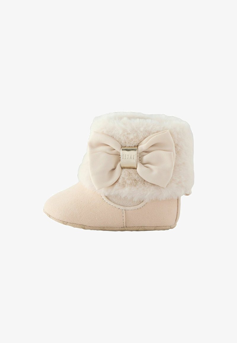 Hellbeige Stiefel mit einem Kunstfellkragen und einer großen Satinschleife auf der Rückseite. Weiches Wildledermaterial und ein runder Zehendesign erhöhen den Komfort.