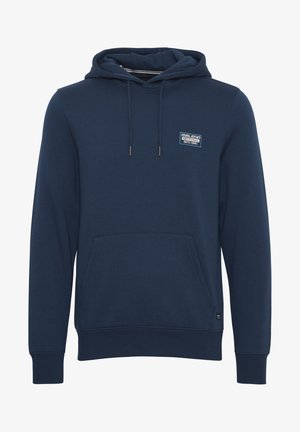 Tamsiai mėlynas gobtuvėlis, pagamintas iš minkštos medžiagos, su priekiu kangaroo tipo kišene, raukšlėtomis rankogaliais ir mažuoju prekės ženklo ženkleliu ant krūtinės.