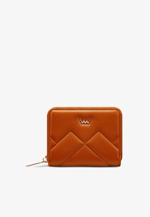 Orange leather wallet with a quilted pattern, featuring a gold logo, zip closure, and unique diamond-shaped accents on the front.