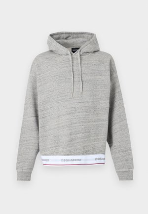 Light grey pullover hoodie with drawstrings and white elastic hemband featuring "DSQUARED2" text in grey and thin red stripe.