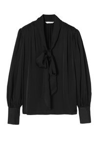 Black blouse featuring a tied neck detail, long puff sleeves, and cuffed wrists, made of smooth fabric with a flowing design.