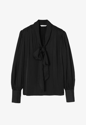 Blusa nera con dettaglio al collo legato, maniche lunghe a sbuffo e polsini, realizzata in tessuto morbido con un design fluido.