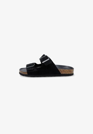Zwarte slide sandaal met twee verstelbare banden, gemaakt van zacht suède met een gestructureerde afwerking, aangevuld met een kurken zool en rubberen outsole.