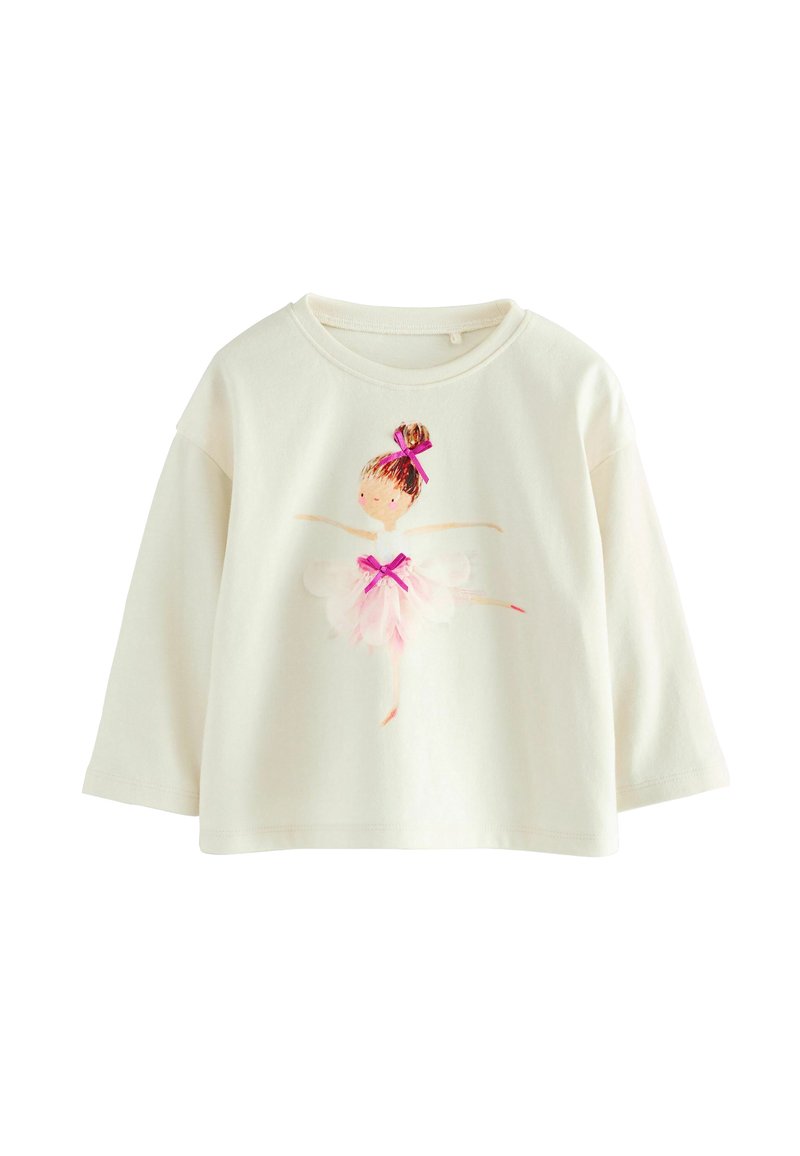 Cremefarbiges Langarm-T-Shirt für Kleinkinder mit einer Balletttänzerin-Illustration, die rosa Schleifen im Haar und ein Tutu auf der Vorderseite trägt.