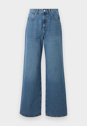 Wide-leg blue denim jeans with a high waist, featuring back and front pockets, and a button closure at the waistband. Smooth texture.