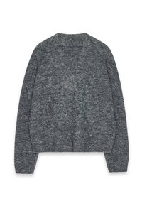 Pilka megzta ilgam rankovėms skirta švarkas su apvalia iškirpte ir raukinėtais rankogaliais bei apatine dalimi, padėta plokščiai, nugarine puse į viršų.