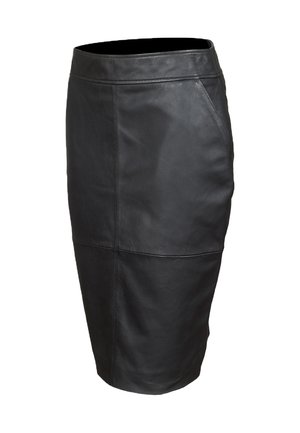 Jupe crayon en cuir noir à taille haute, dotée de poches latérales et de coutures verticales. Texture lisse et design ajusté.